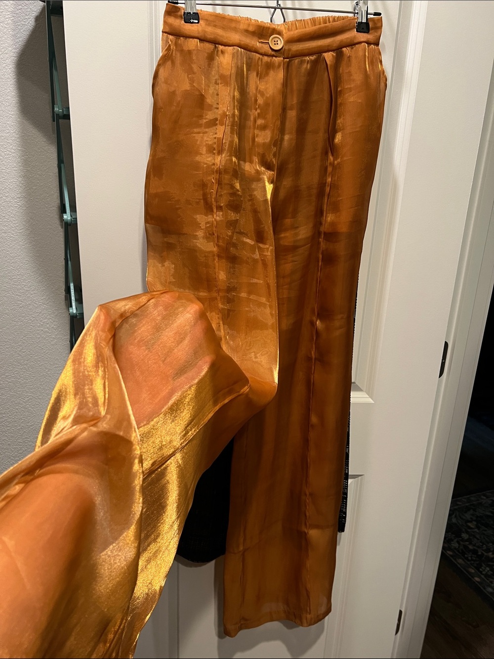 Ultra Sheer Wide-Leg Pants in Metallic Copper